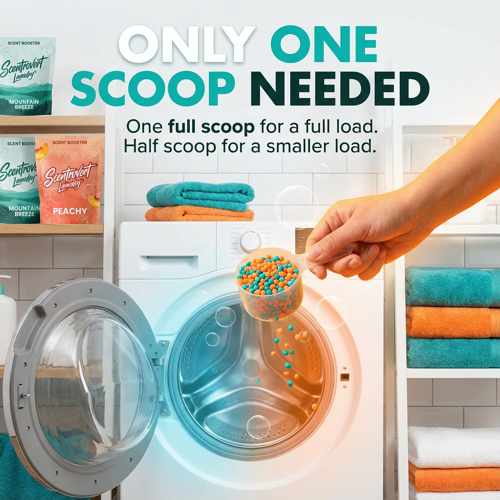Scentrovert laundry scent booster scoop being added directly to a washing-machine drum