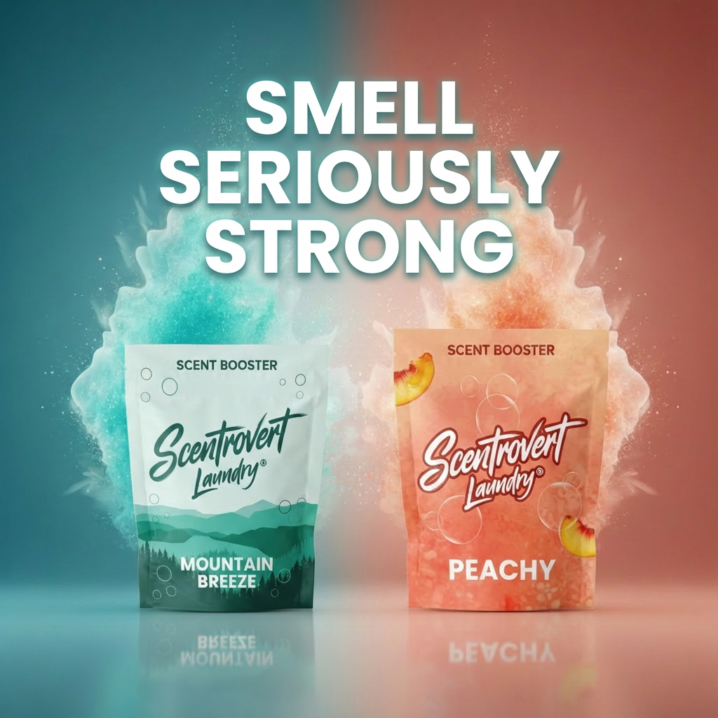 Mountain Breeze and Peachy Scentrovert Laundry scent booster bags with Smell Seriously Strong headline
